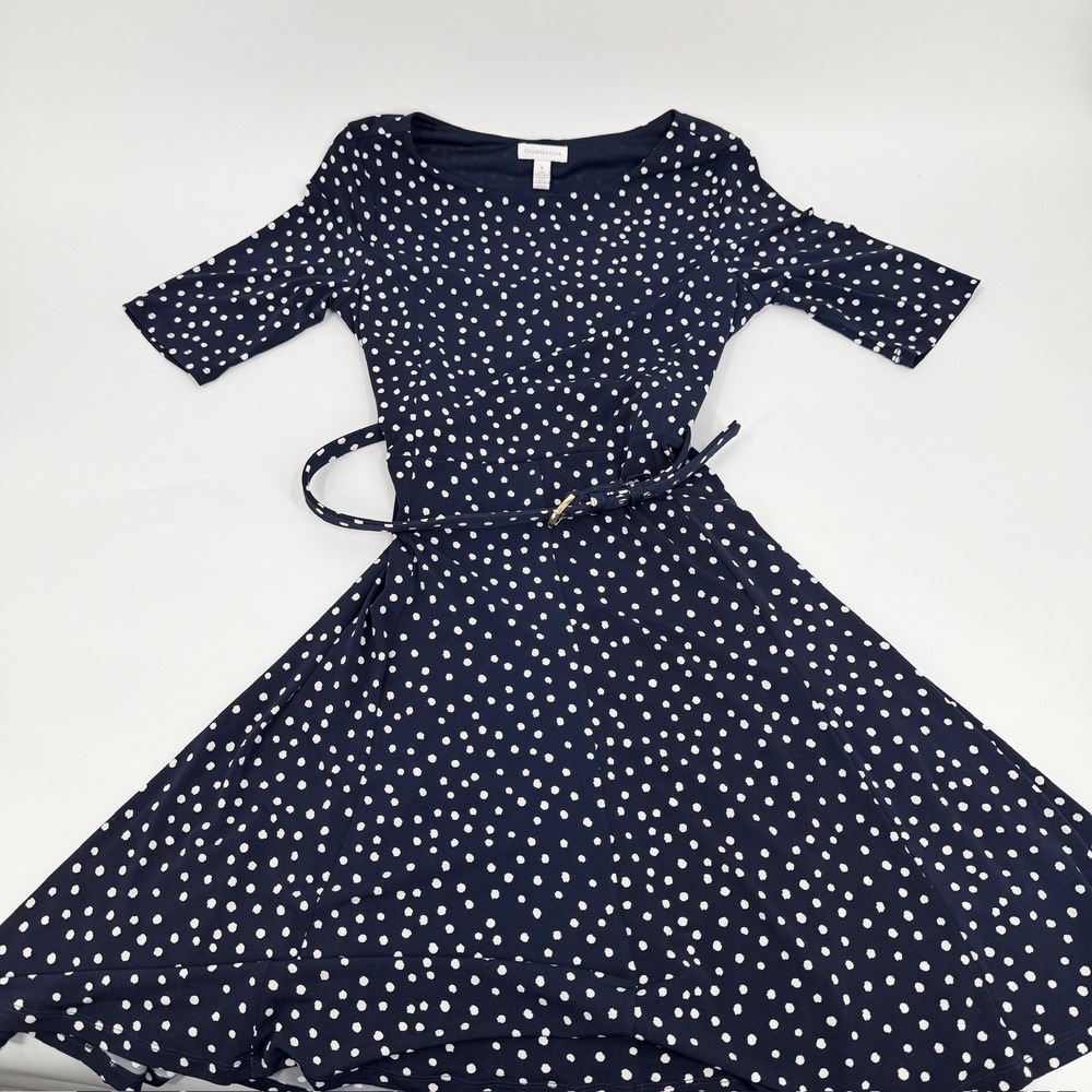 Charter Club Navy Blue Polka Dot Midi Dress with Belt